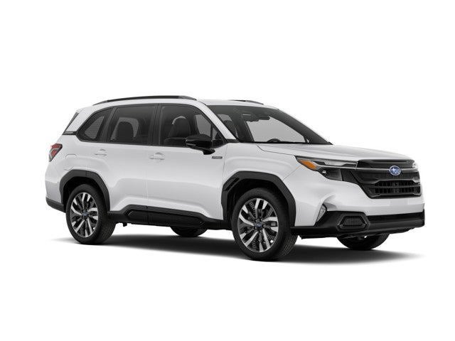 2025 Subaru Forester Hybrid Touring in Crystal White Pearl — front three-quarter view